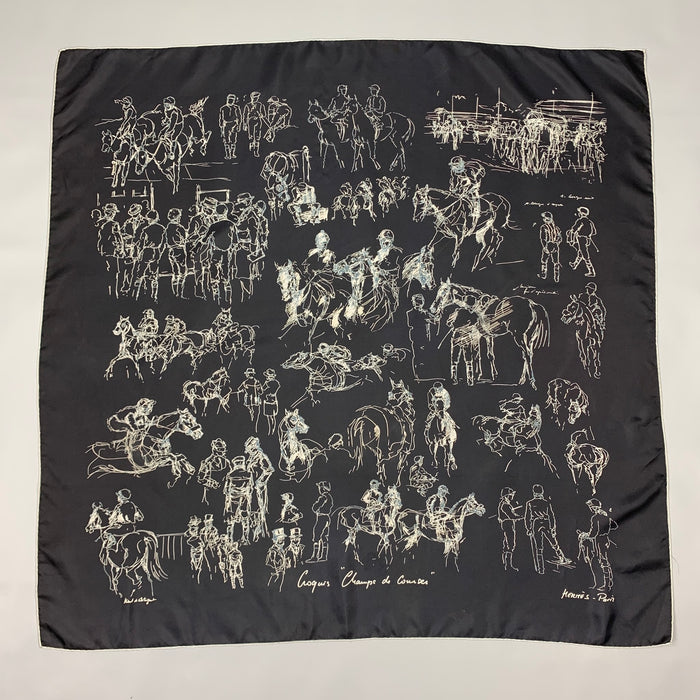HERMES Champs de Courses by Hubert de Watrigant 2007 Black & White Equestrian Silk Scarf