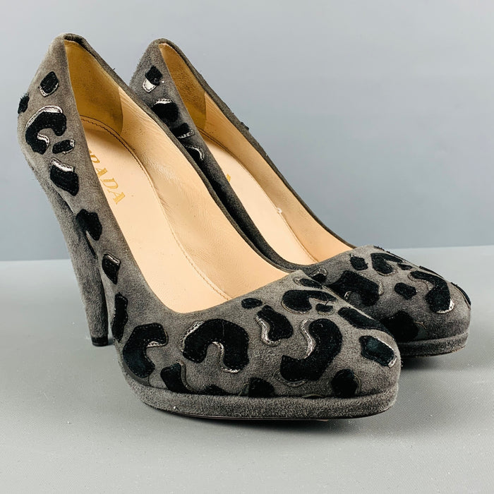 PRADA Size 5 Grey Black Suede Aplique Platform Pumps
