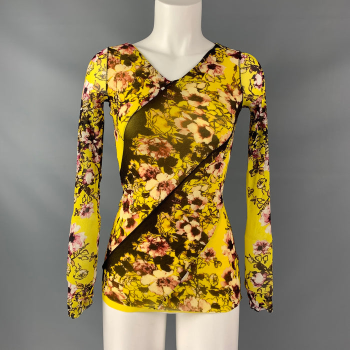 JEAN PAUL GAULTIER SOLIEL Size S Yellow & Brown Nylon Floral V-neck Blouse