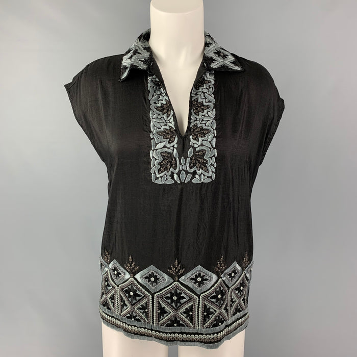 DRIES VAN NOTEN Size 4 Black & Blue Silk Embroidered Sleeveless Dress Top