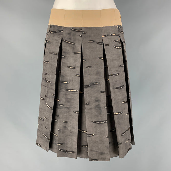 PRADA Size 2 Grey & Beige Silk Abstract Pleated Skirt