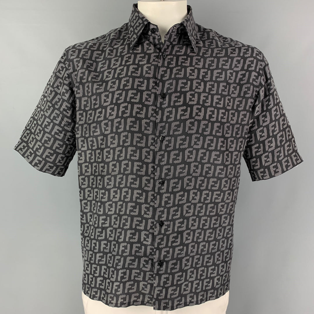 FENDI Size M Black White Logo Silk Button Down Short Sleeve Shirt