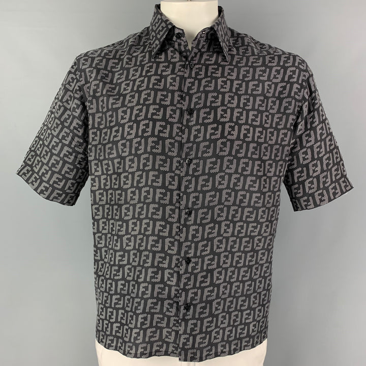 FENDI Size M Black White Logo Silk Button Down Short Sleeve Shirt