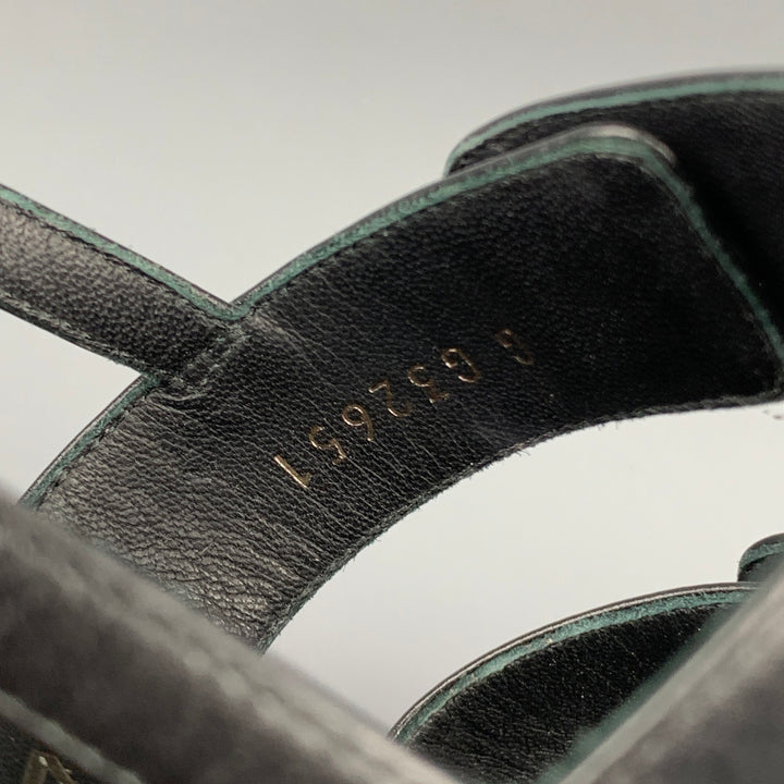 CHANEL Size 6 Black & Silver Leather Turn Lock Logo Chunky Heel Sandals