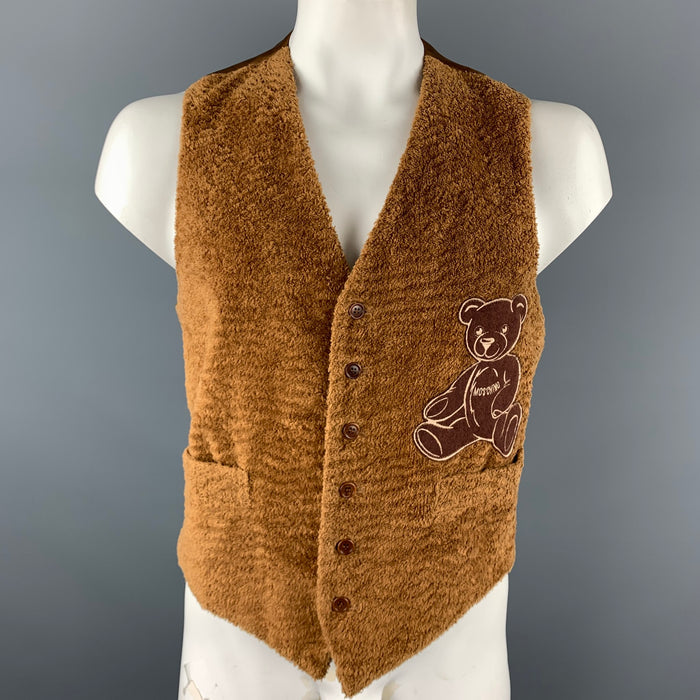 MOSCHINO Size 44 Brown Textured Cotton Bear Embroidery Buttoned Vest