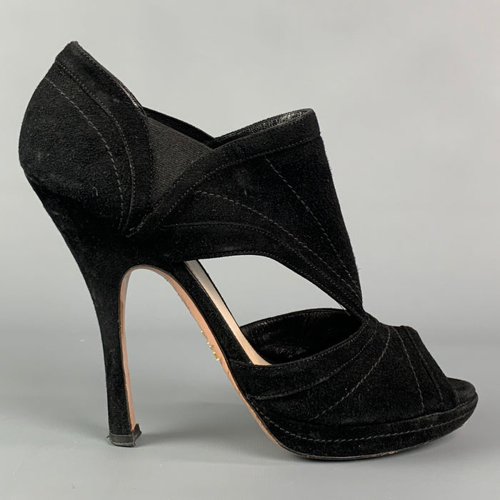 PRADA Size 10.5 Black Suede Peep Toe Boots