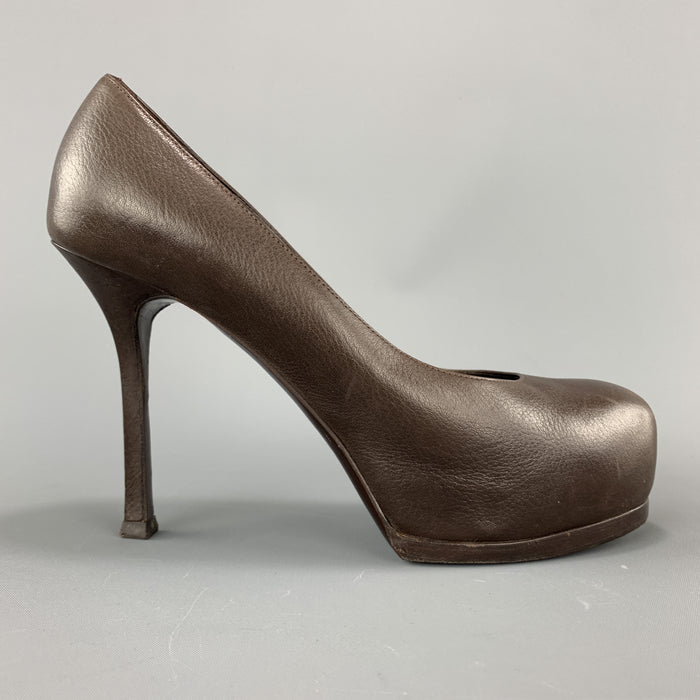 YVES SAINT LAURENT Size 6.5 Brown Leather TRIBUTE Platform Pumps