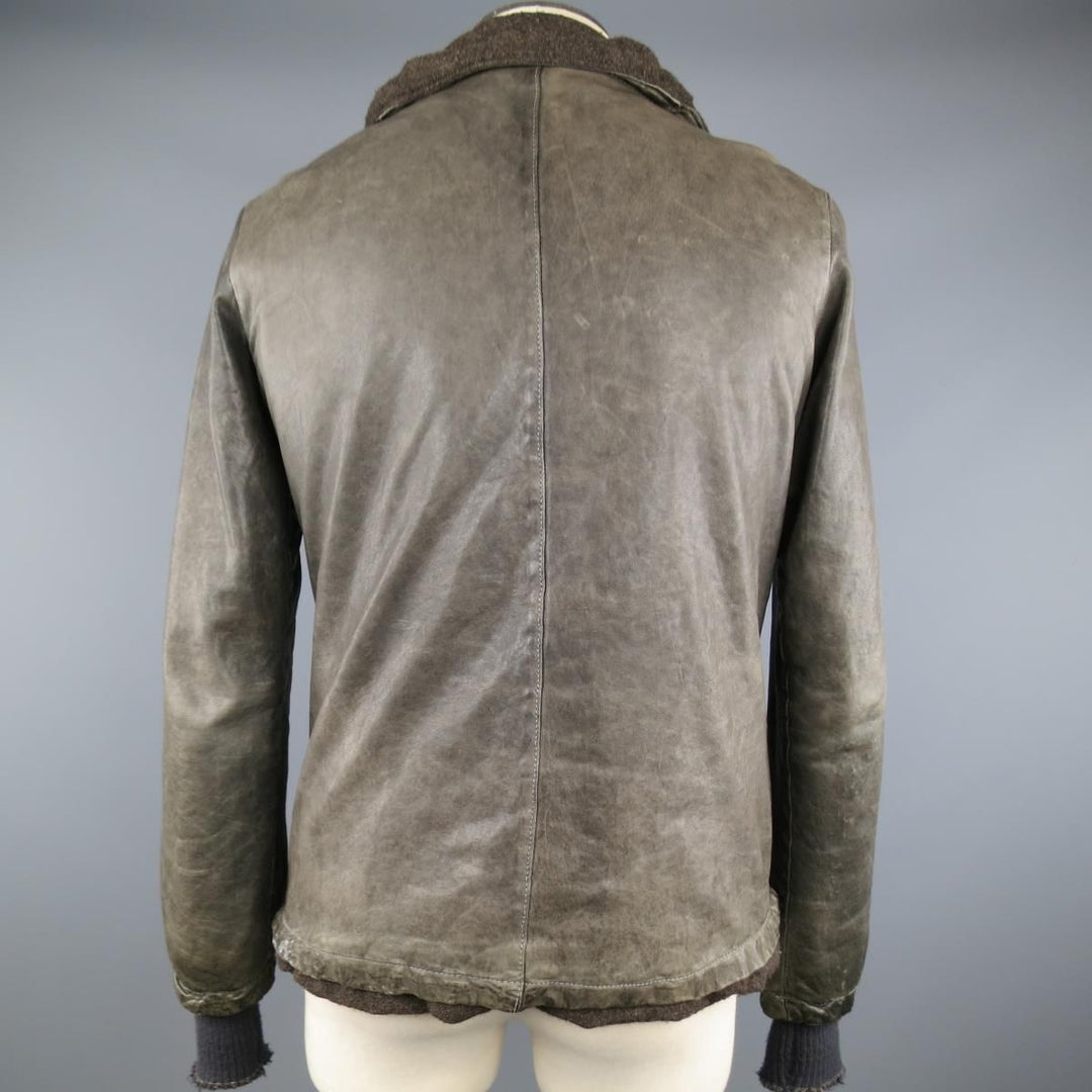 GIORGIO BRATO 38 Taupe Distressed Leather & Silk High Collar Jacket