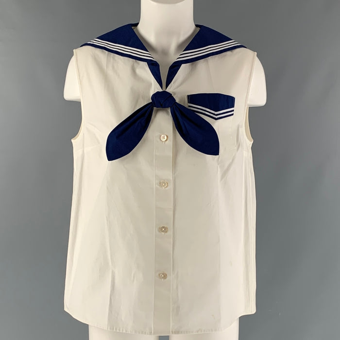 MARC JACOBS Size 6 White & Blue Cotton/ Spandex Nautical Blouse