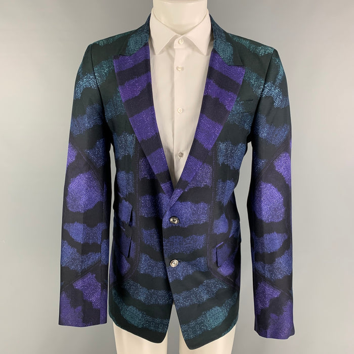 ROBERTO CAVALLI Size 42 Black Purple Print Silk Peak Lapel Sport Coat