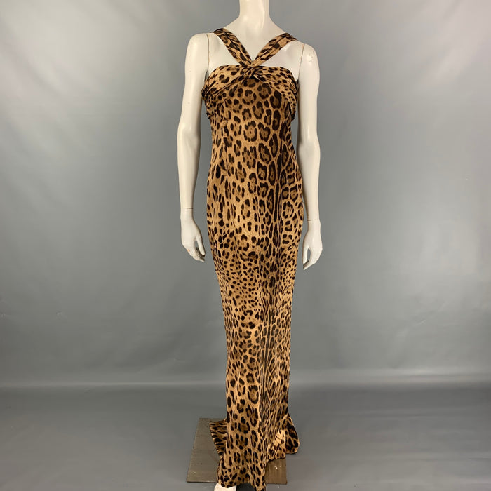DOLCE & GABBANA Vestido largo columna de satén con estampado animal marrón y beige talla 10