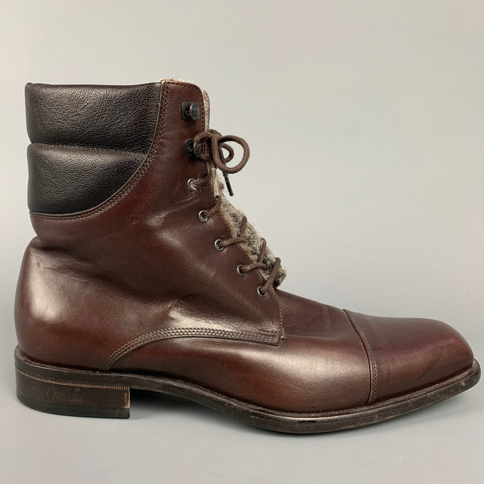EMPORIO ARMANI Size 9 Brown Leather Faux Fur Lined Lace Up Boots