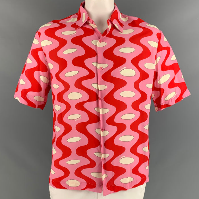 SANDRO Size L Pink Red Print Viscose Button Up Short Sleeve Shirt