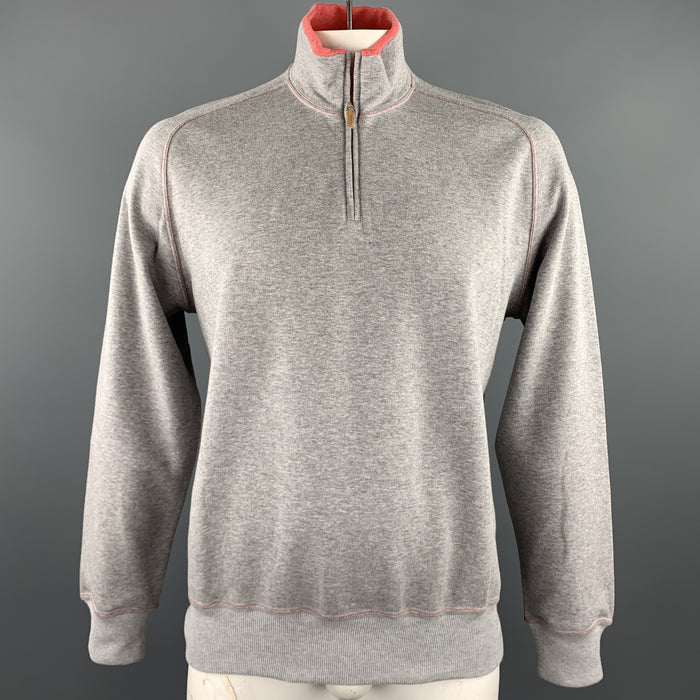BRUNELLO CUCINELLI Size 44 Grey & Salmon Heather Cotton Half Zip Pullover