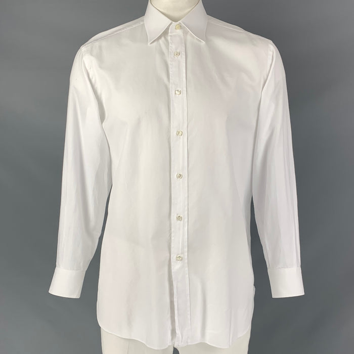 BRIONI Size L White Textured Cotton Button Down Long Sleeve Shirt
