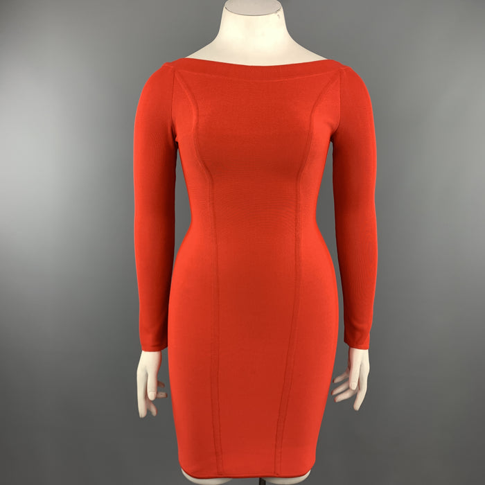 Vintage HERVE LEGER Size M Coral Red Open Back Long Sleeve Bandage Dress