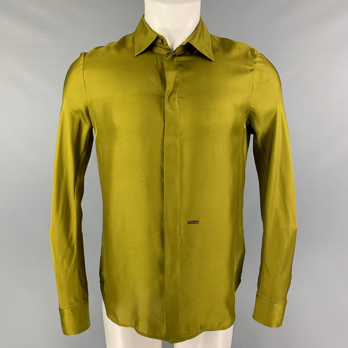 DSQUARED2 Size XXS Olive Silk Hidden Placket Long Sleeve Shirt