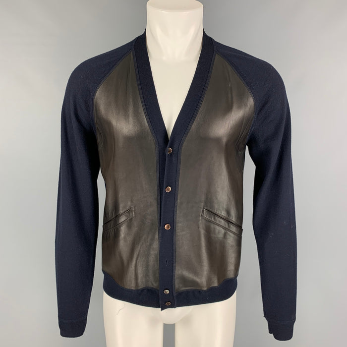 PRADA Size S Navy Brown Color Block Wool Leather V-Neck Cardigan
