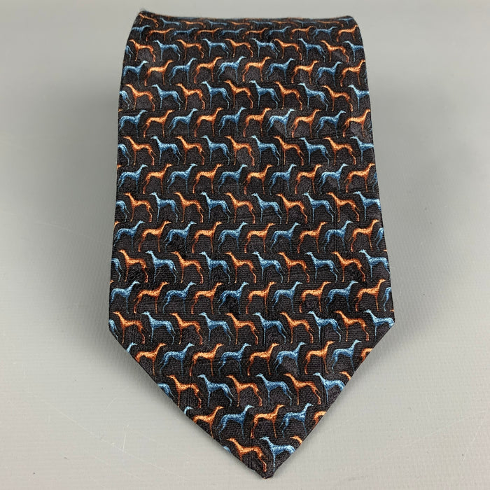 ERMENEGILDO ZEGNA Black & Tan Greyhound Silk Tie