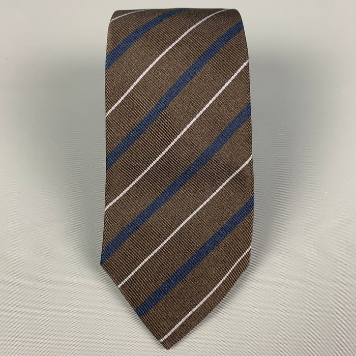 BRUNELLO CUCINELLI Brown Navy Diagonal Stripe Silk Tie