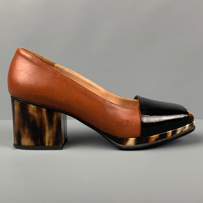 DRIES VAN NOTEN Size 7.5 Tan Black Leather Mixed Materials Platform Pumps