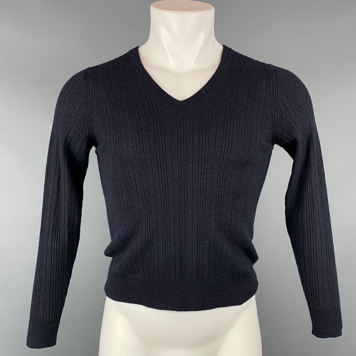 Z ZEGNA Size S Navy Ribbed Wool V-Neck Pullover