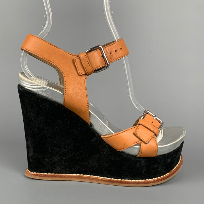 MARNI Size 6 Tan & Black Color Block Leather Wedge Sandals