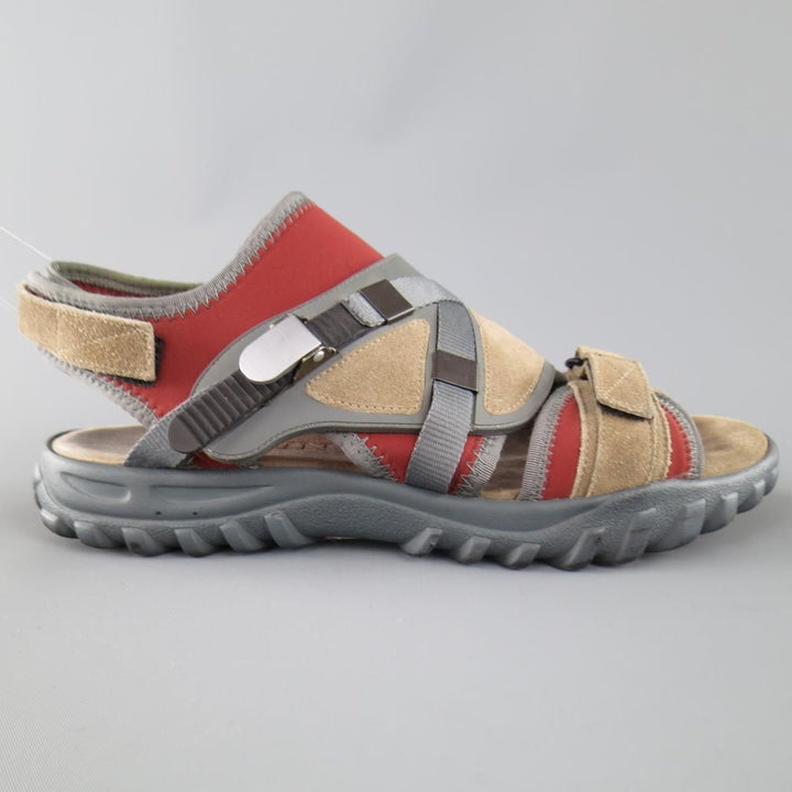 LANVIN Size US 10 Beige & Red Neoprene & Suede Hybrid Strap Sandals