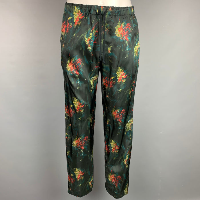 DRIES VAN NOTEN Size 30 Black & Green Abstract Floral Viscose Casual Pants