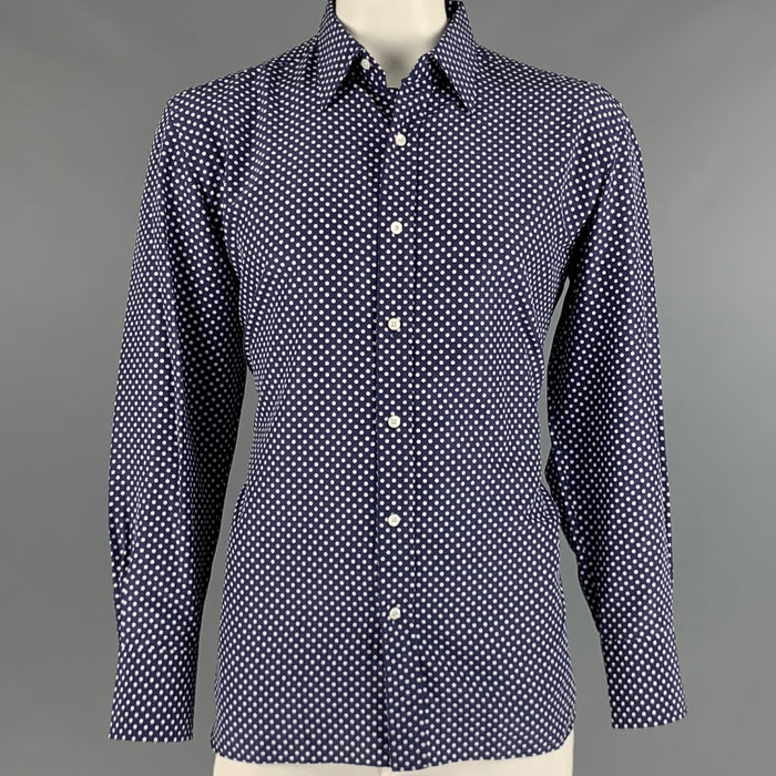 TOM FORD Size L Navy White Polka Dot Cotton Silk Button Up Long Sleeve Shirt