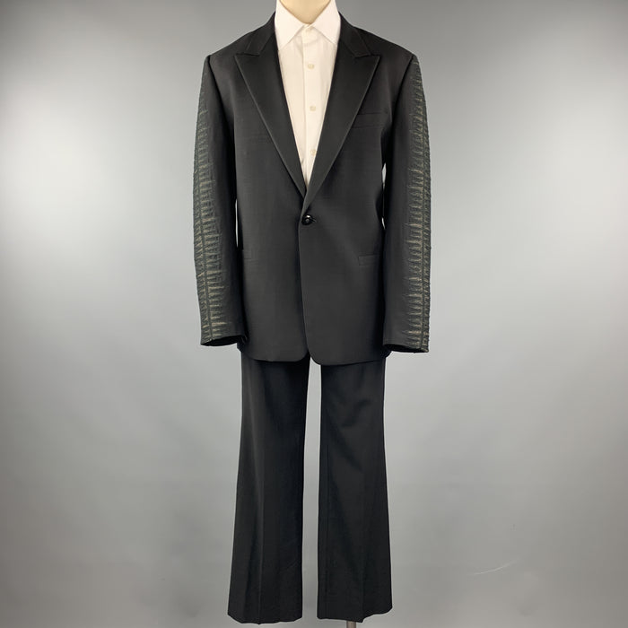GIANNI VERSACE Size 42 Black Embroidered Sleeve Wool Peak Lapel Tuxedo