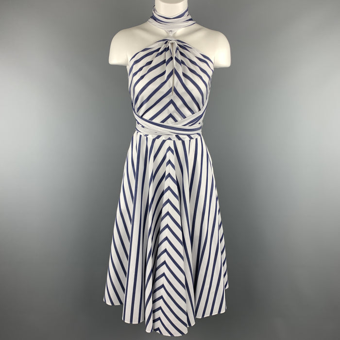 CAROLINA HERRERA Size 0 White & Bllue Striped Cotton Gathered Halter Sun Dress
