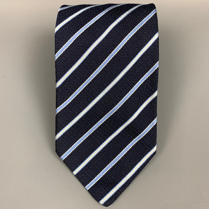 BRIONI Navy & Light Blue Stripe Silk Tie