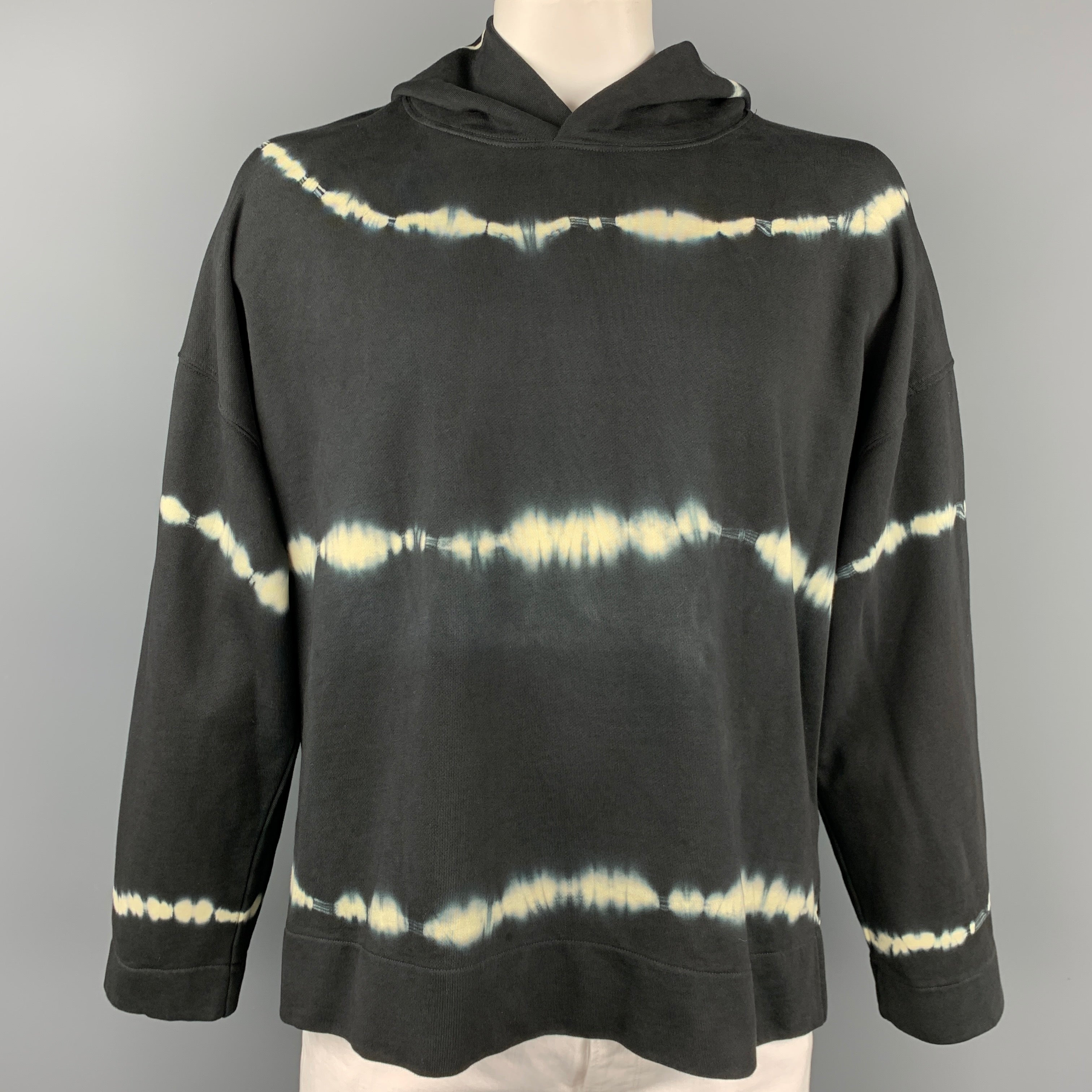 SANDRO Size XXL Black Cream Tie Dye Cotton Hooded Sweatshirt