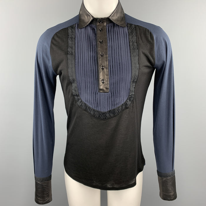 ROBERTO CAVALLI Size S Black & Navy Mixed Fabrics Buttoned Pullover