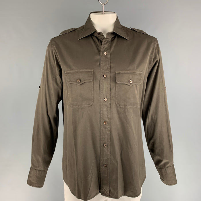 TOM FORD Size XL Green Olive Cotton Epaulettes Long Sleeve Shirt
