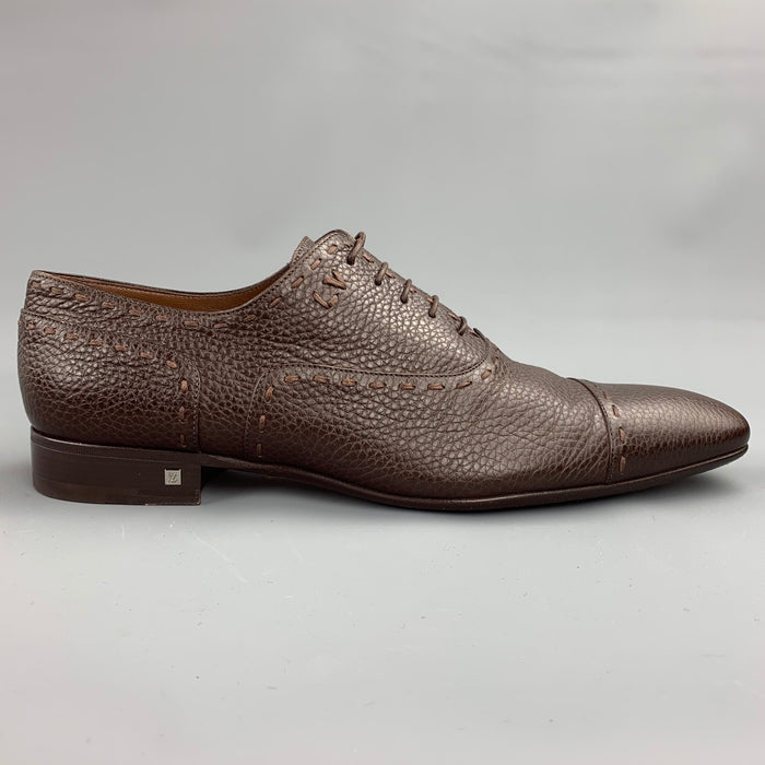 LOUIS VUITTON Size 12 Brown Textured Leather Cap Toe Lace Up Shoes