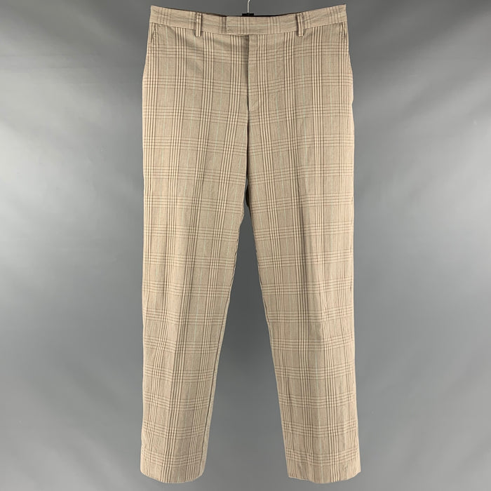 PAUL SMITH Talla 30 Pantalón de vestir con parte delantera plana de algodón a cuadros marrón beige