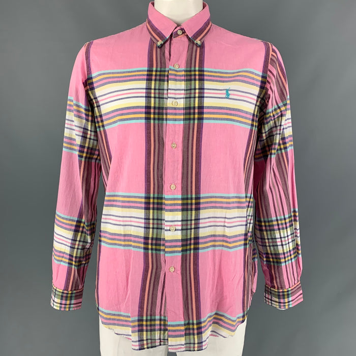 RALPH LAUREN Size L Pink Multi-Color Madras Cotton Button Down Long Sleeve Shirt
