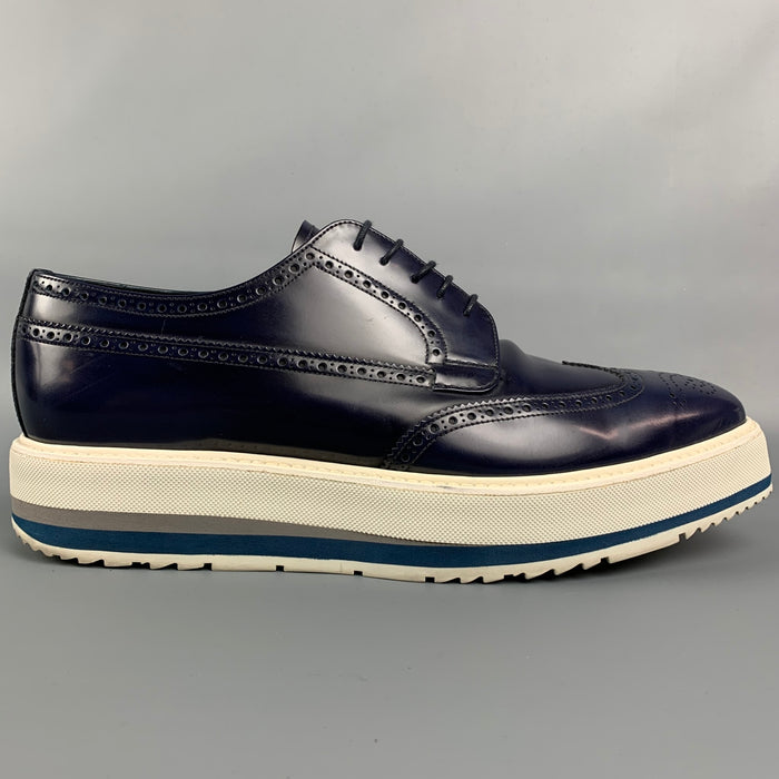 PRADA Size 12 Navy & White Perforated Leather Platform Lace Up Shoes
