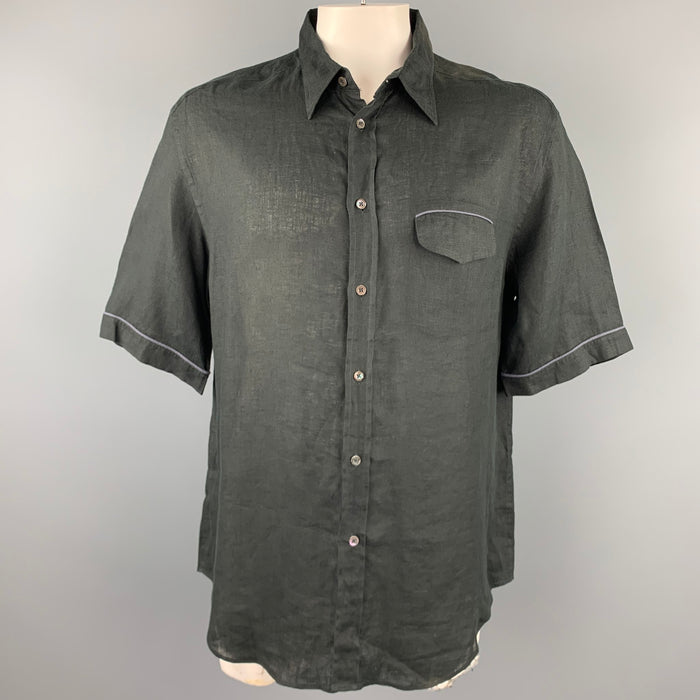 ARMANI COLLEZIONI Size XXL Black Linen Buttoned Short Sleeve Shirt