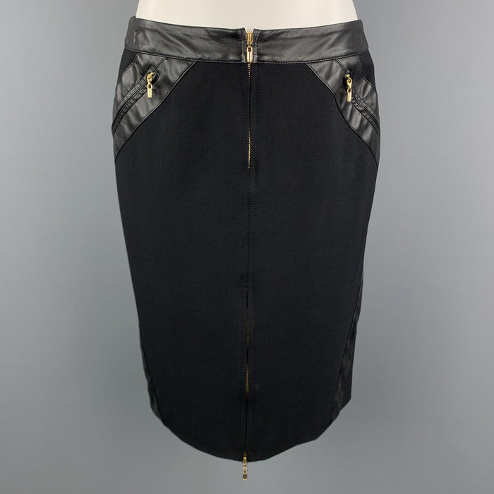 GIANNI VERSACE Size 6 Black Wool Blend Leather Trim Zip Up Pencil Skirt