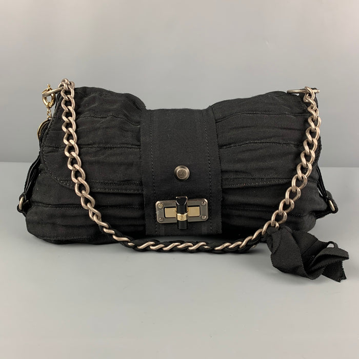LANVIN Black Silver Textured Fabric Ribbon Shoulder Bag Handbag