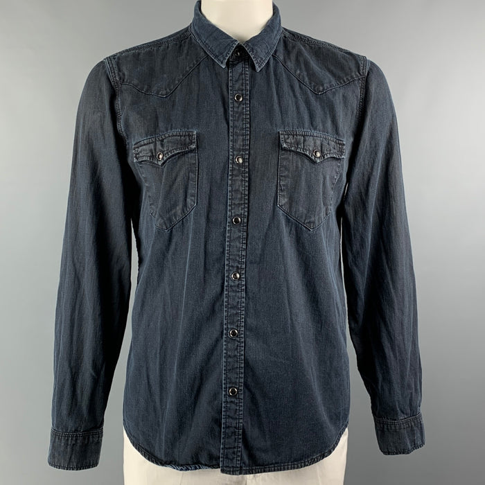 SANDRO Size XL Indigo Solid Cotton Western Long Sleeve Shirt