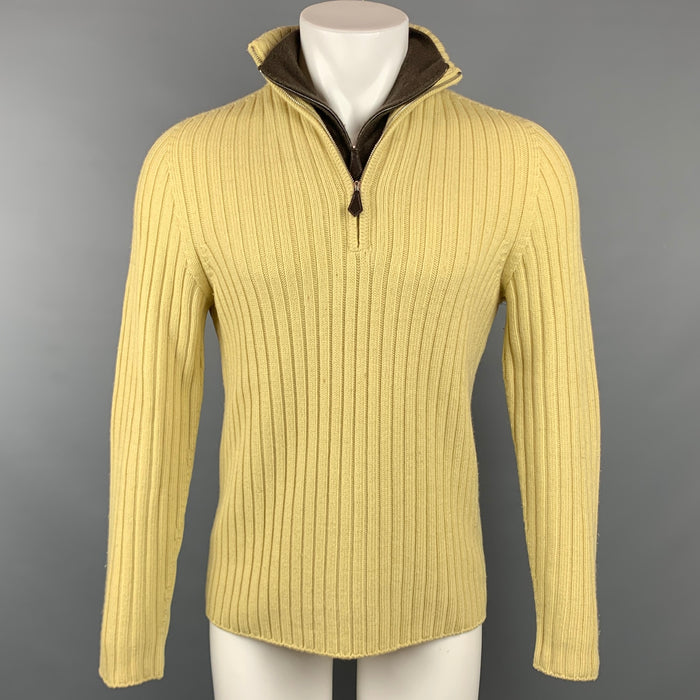 HERMES Size L Yellow Ribbed Knit Wool / Cashmere Half Zip Sweater