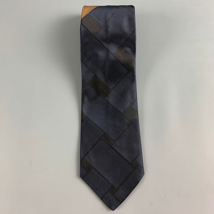 DRIES VAN NOTEN Navy Brown Color Block Silk Tie