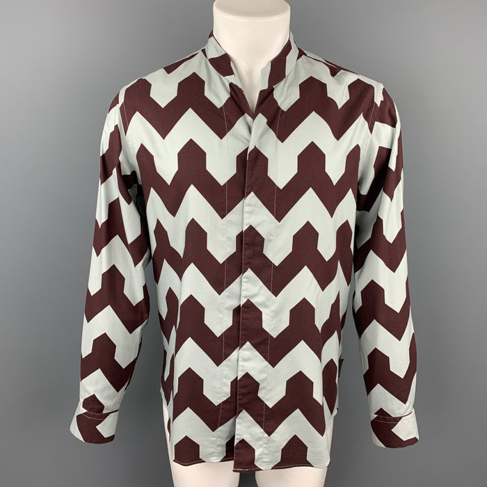 EMPORIO ARMANI Diffusion Size M Grey & Brown Zig Zag Hidden Buttons Long Sleeve Shirt