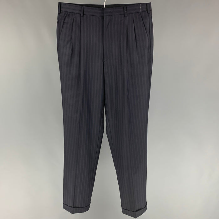 GIVENCHY Size 30 Navy Blue Stripe Pleated Dress Pants