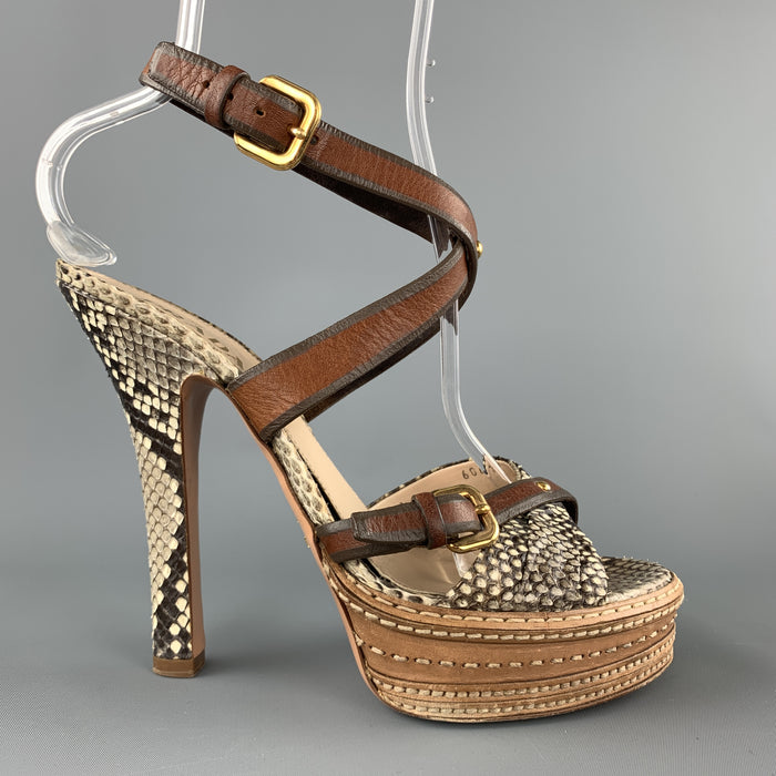 PRADA Size 9.5 Phython Skin Leather Platform Strappy Peep Sandals