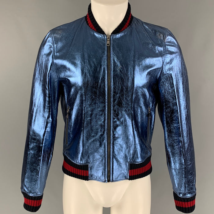 GUCCI FW 2017 Size 36 Blue Metallic Stripe Lamb Leather Bomber Jacket